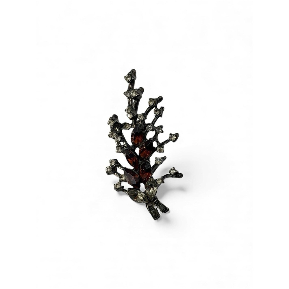 Vintage Silver Tone Dark Amber Colored Rhinestones‎ Floral Branch Brooch Pin